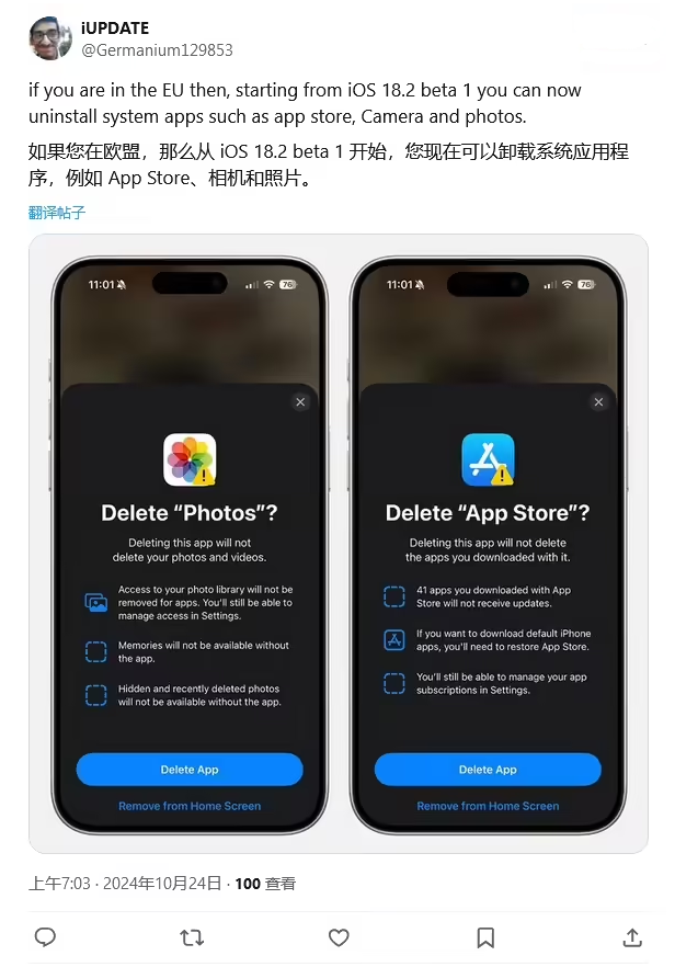 向阳街道苹果手机维修分享iOS 18.2 支持删除 App Store 应用商店 