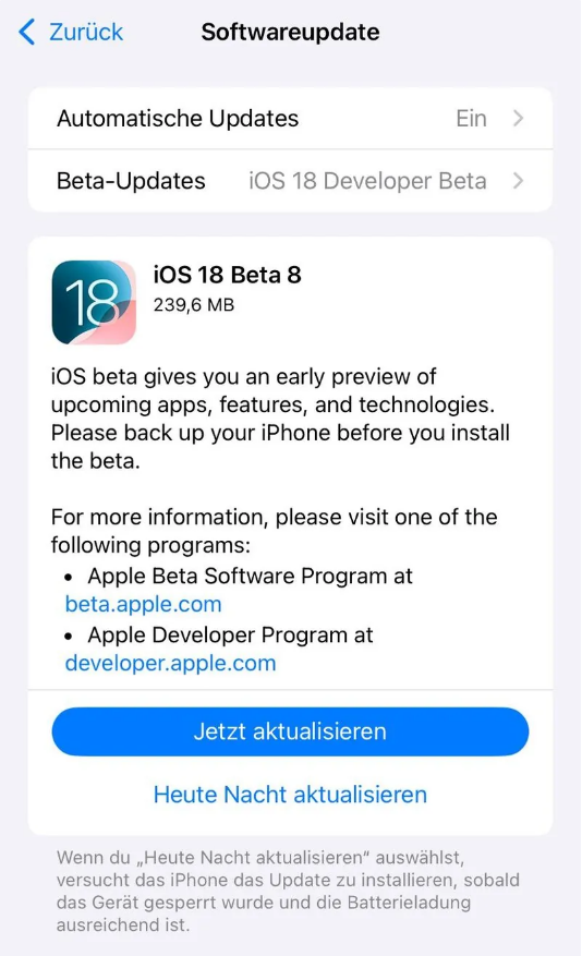 向阳街道苹果手机维修分享苹果 iOS / iPadOS 18 开发者预览版 Beta 8 发布 